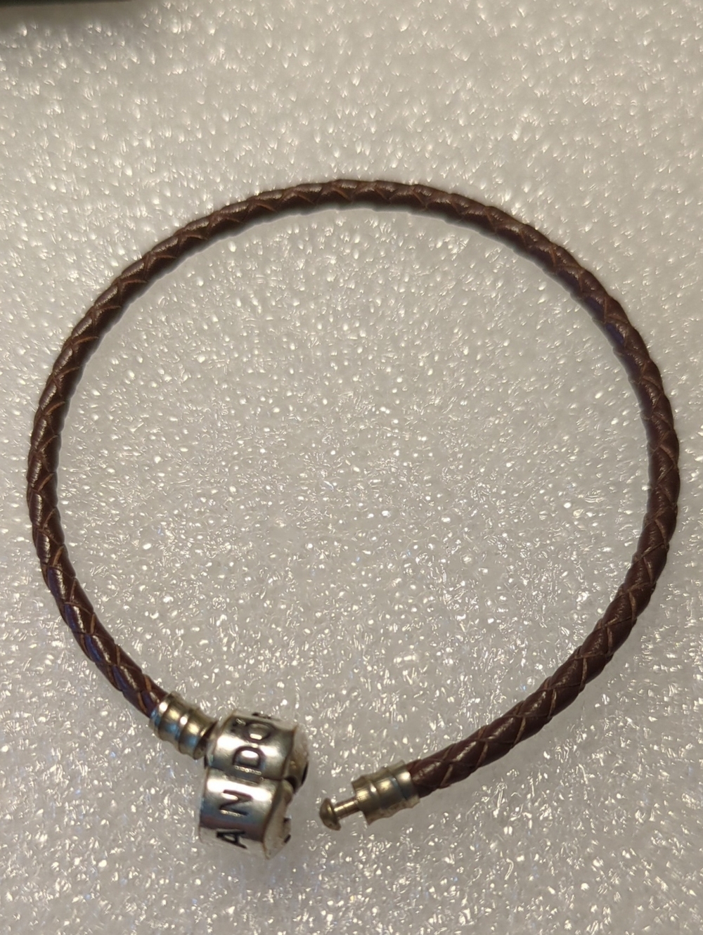 Pandora 7 Inch Brown Braided Leather Bracelet with Silver Logo Clasp